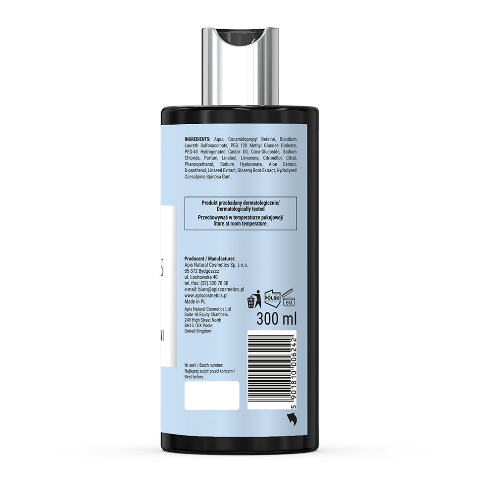 Back label of a skincare product bottle with text and branding on a white background