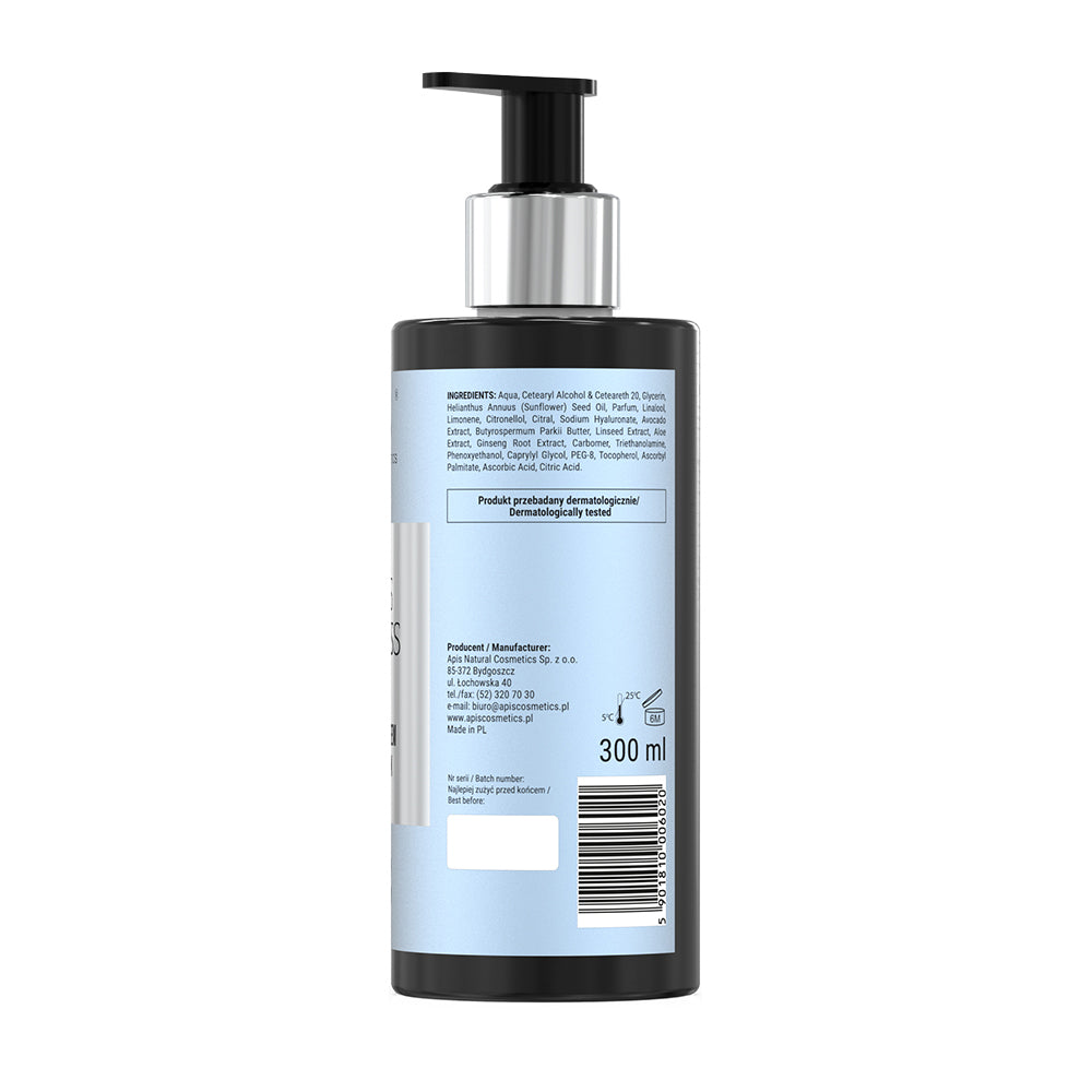 Bottle with pump and label on a white background