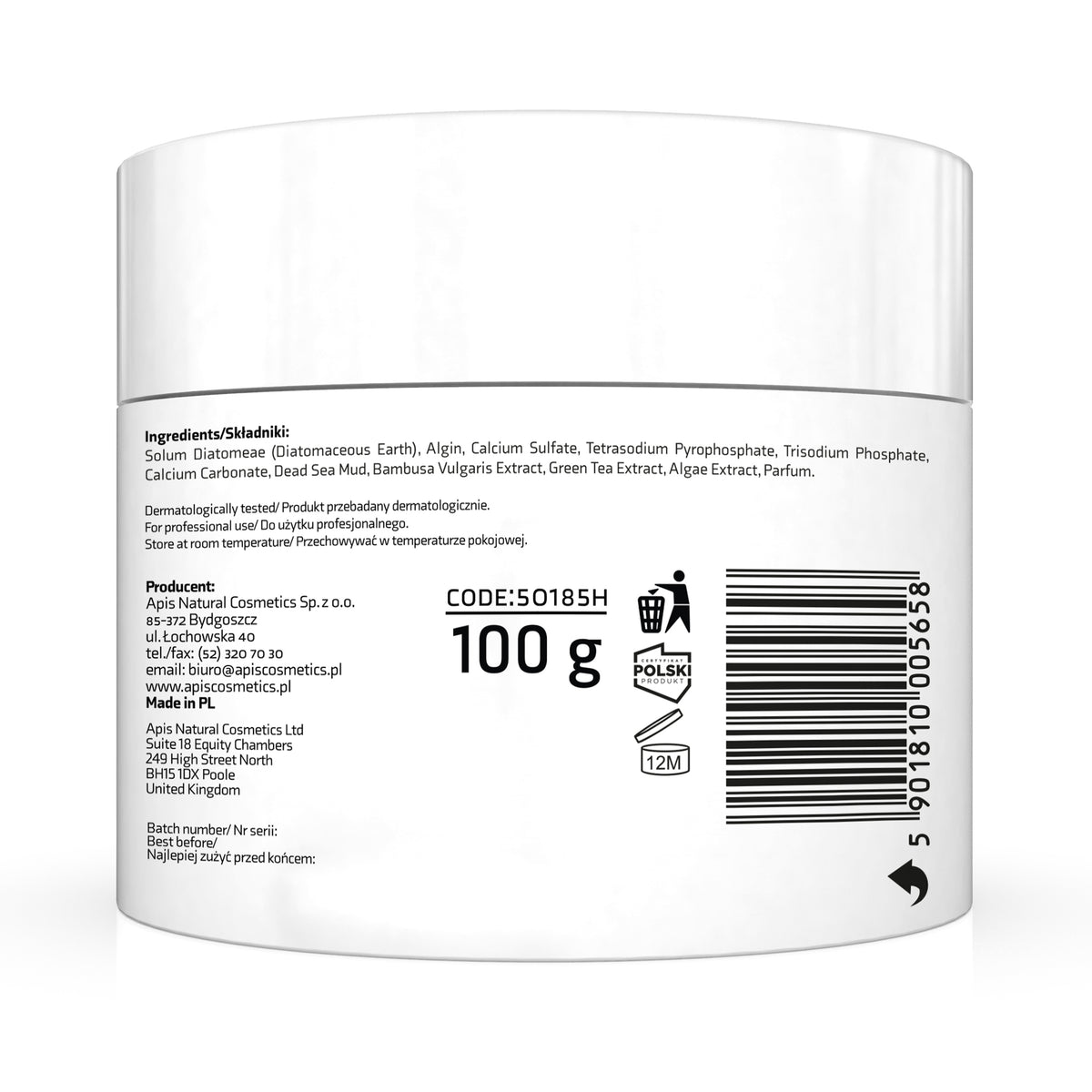 Back label of a cosmetic jar with text and barcodes on a white background
