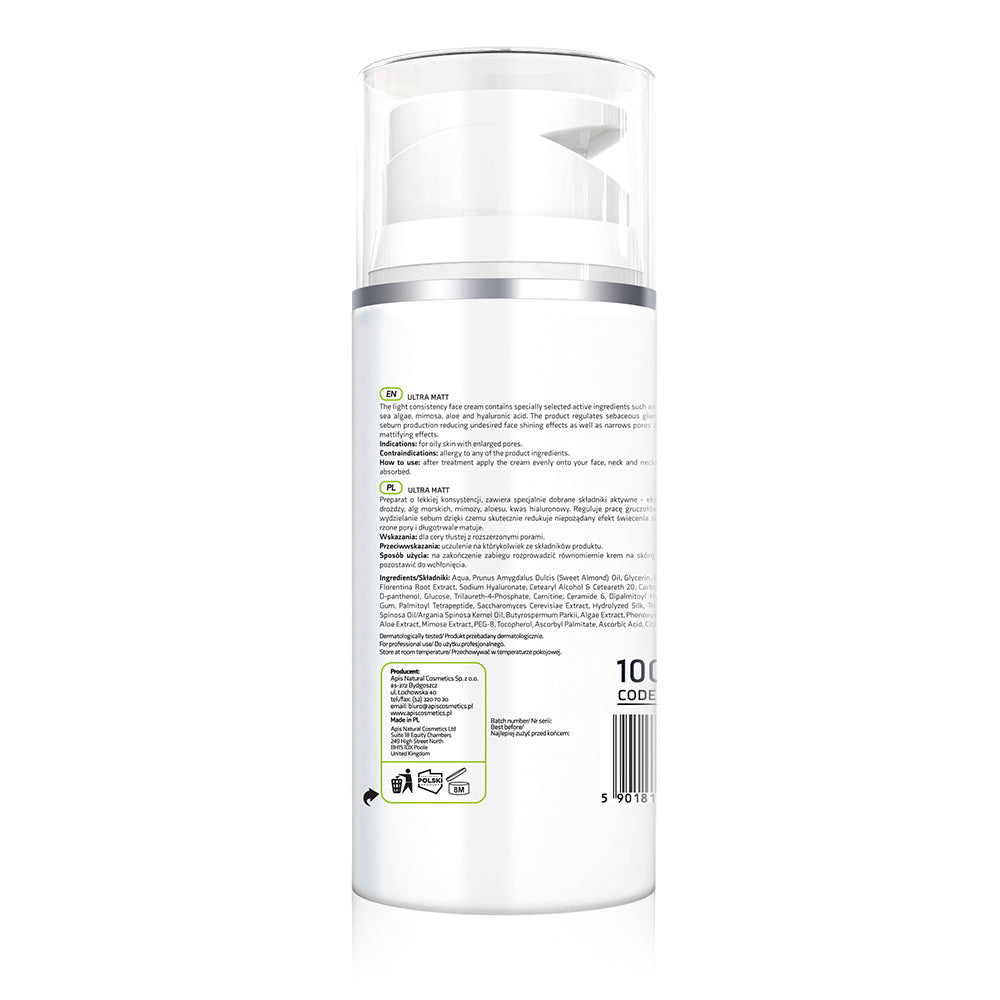Back view of Apis Acne-Stop Mattifying Face Cream 100ml bottle