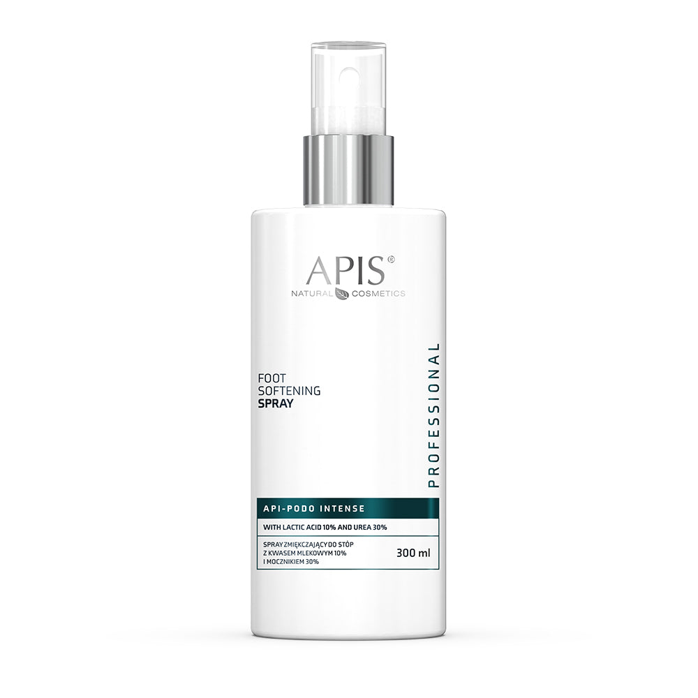 Apis Natural Cosmetics foot softening spray bottle on a white background
