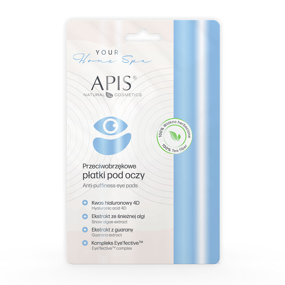 APIS eye pads packaging with blue and beige design on a white background