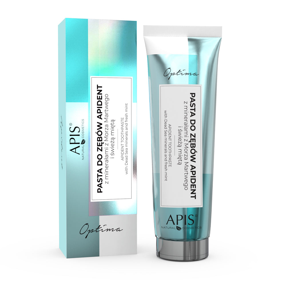 Apis Natural Cosmetics Optima dental paste tube and packaging on a white background