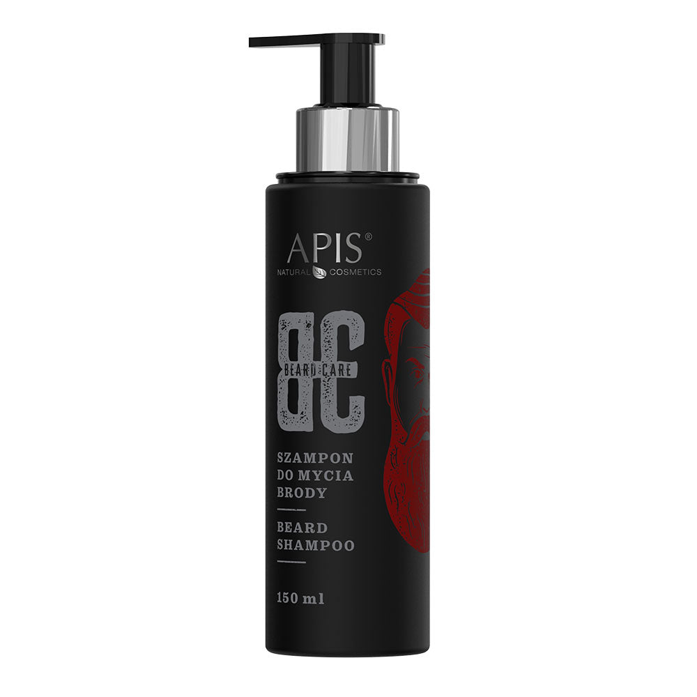 Black bottle of APIS beard care shampoo with pump on a white background