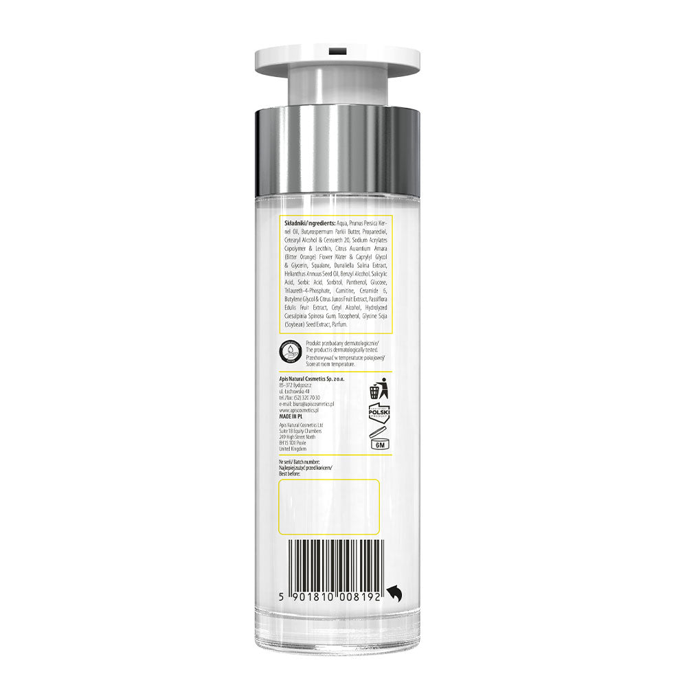 Clear bottle with silver cap on a white background