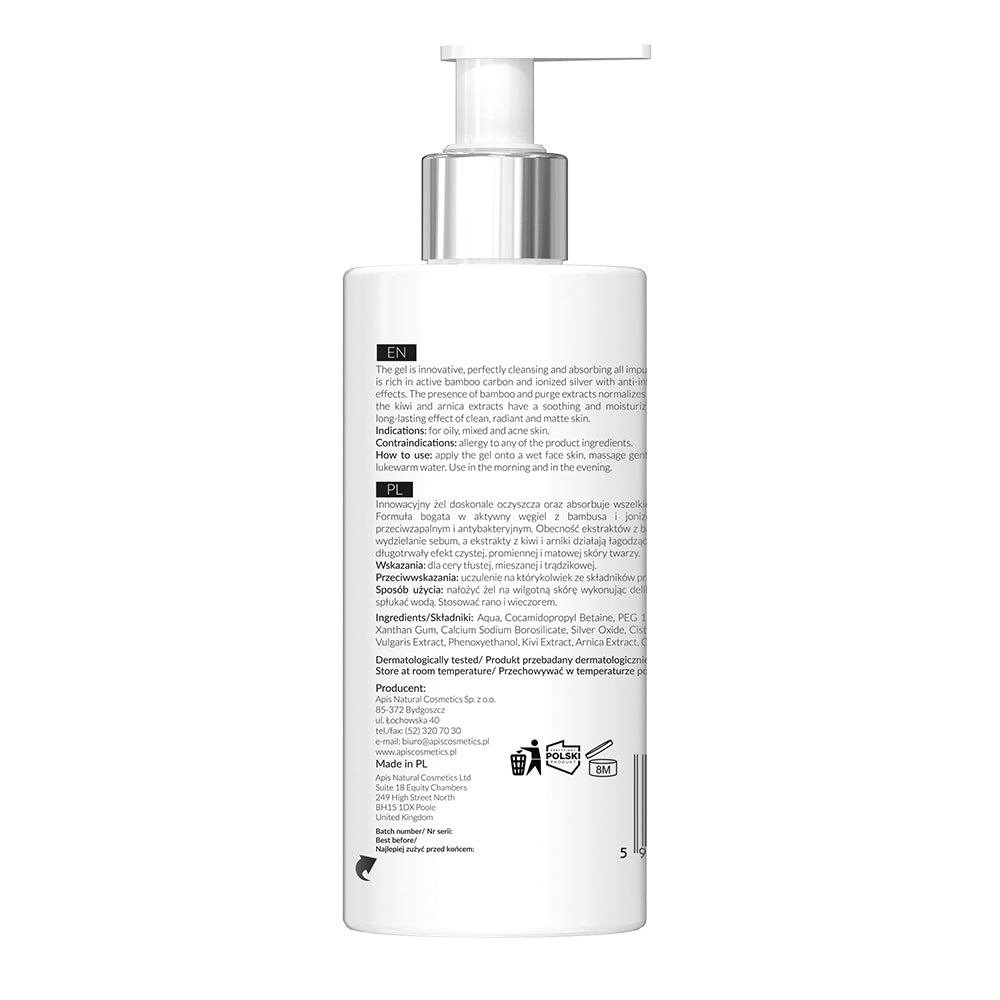 Back view of Apis Activated Charcoal Face Wash Gel 300ml bottle