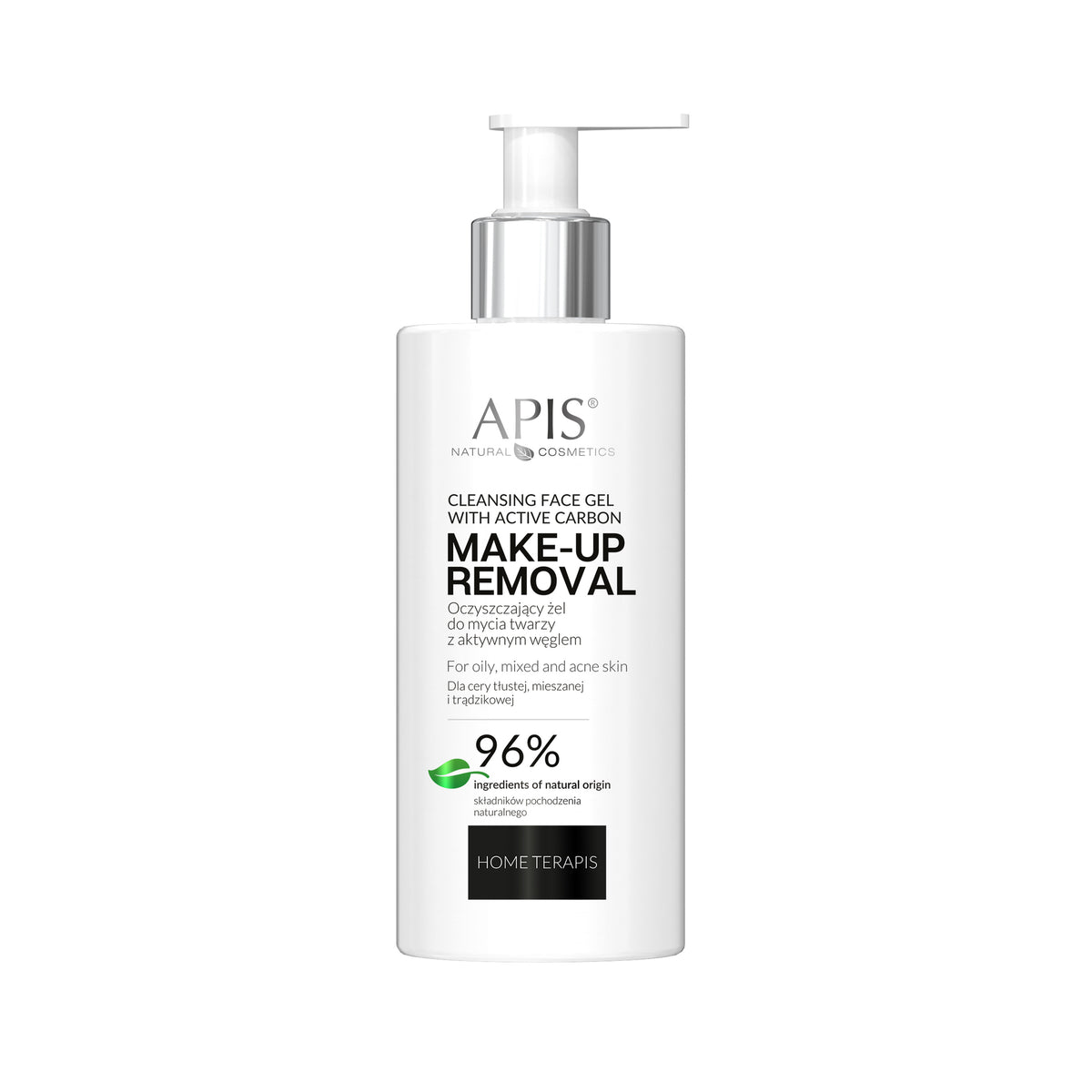 A pump bottle of Apis Natural Cosmetics cleansing face wash gel with activated charcoal.