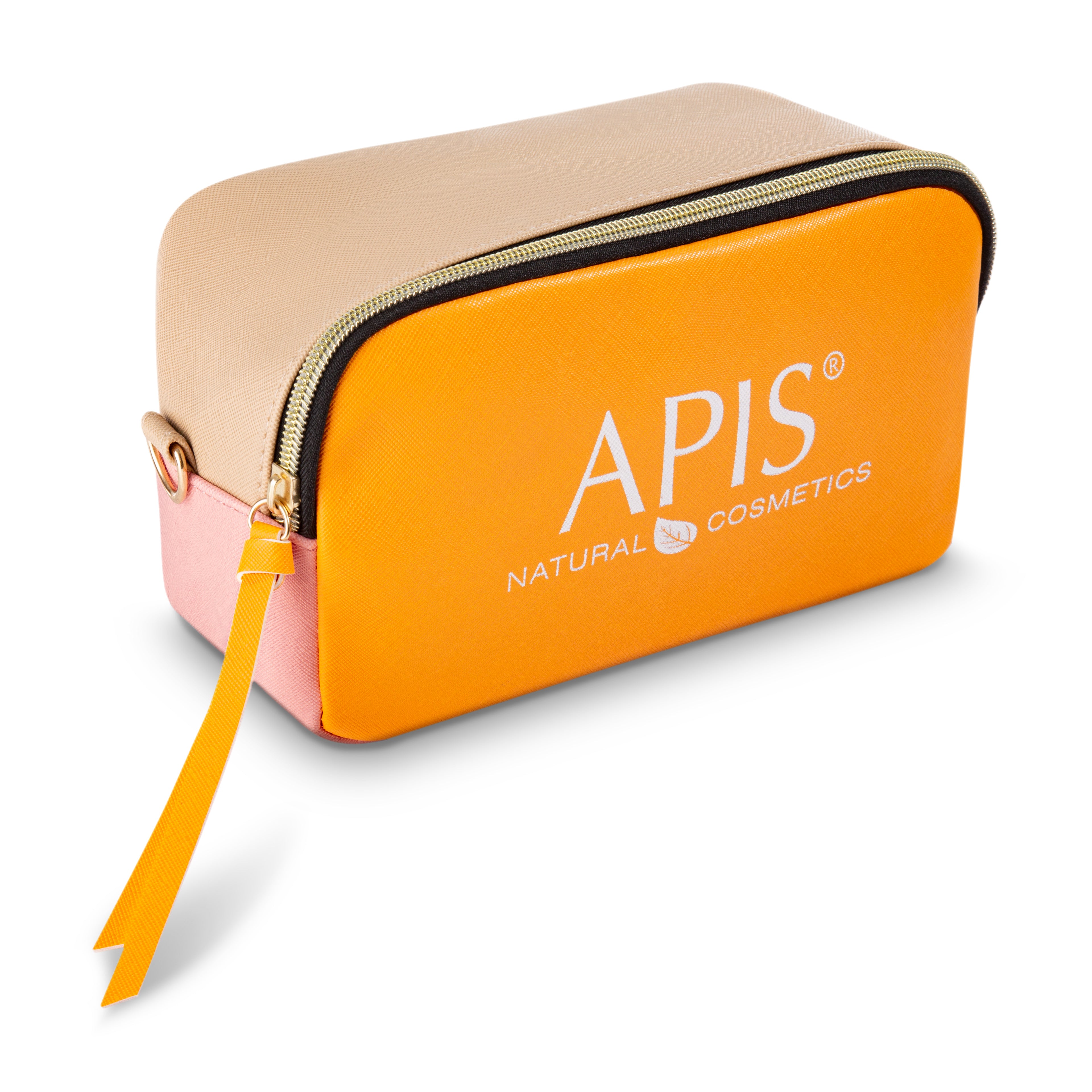 Orange and beige cosmetic bag with &