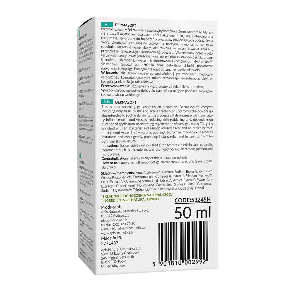 Packaging of Apis Natural Cosmetics DERMASOFT Intensive Soothing Gel, displaying product information and applying instructions.