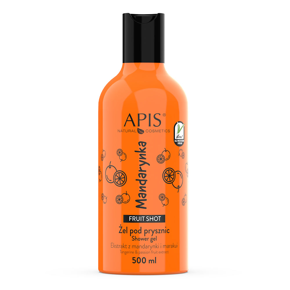Orange bottle of Apis Natural Cosmetics shower gel with mandarin flavor on a white background