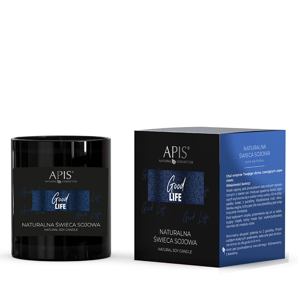 Black candle and its packaging with &