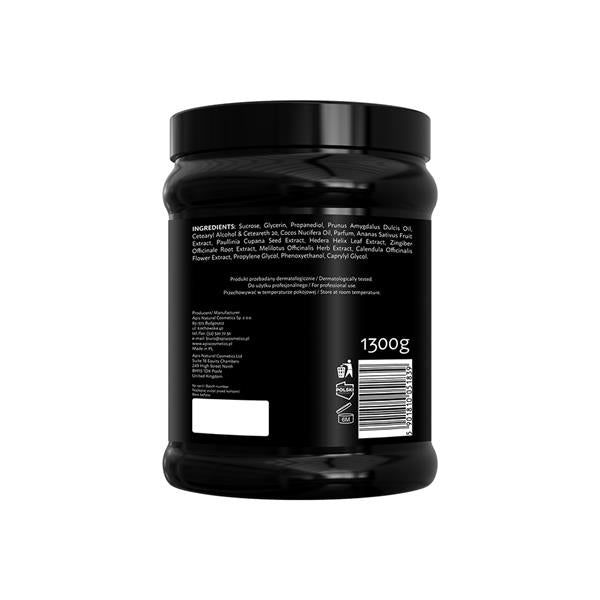 Black container with text and a barcode on a white background