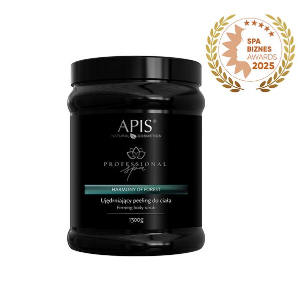 Black jar of Apis Natural Cosmetics body scrub with a gold award badge on a white background