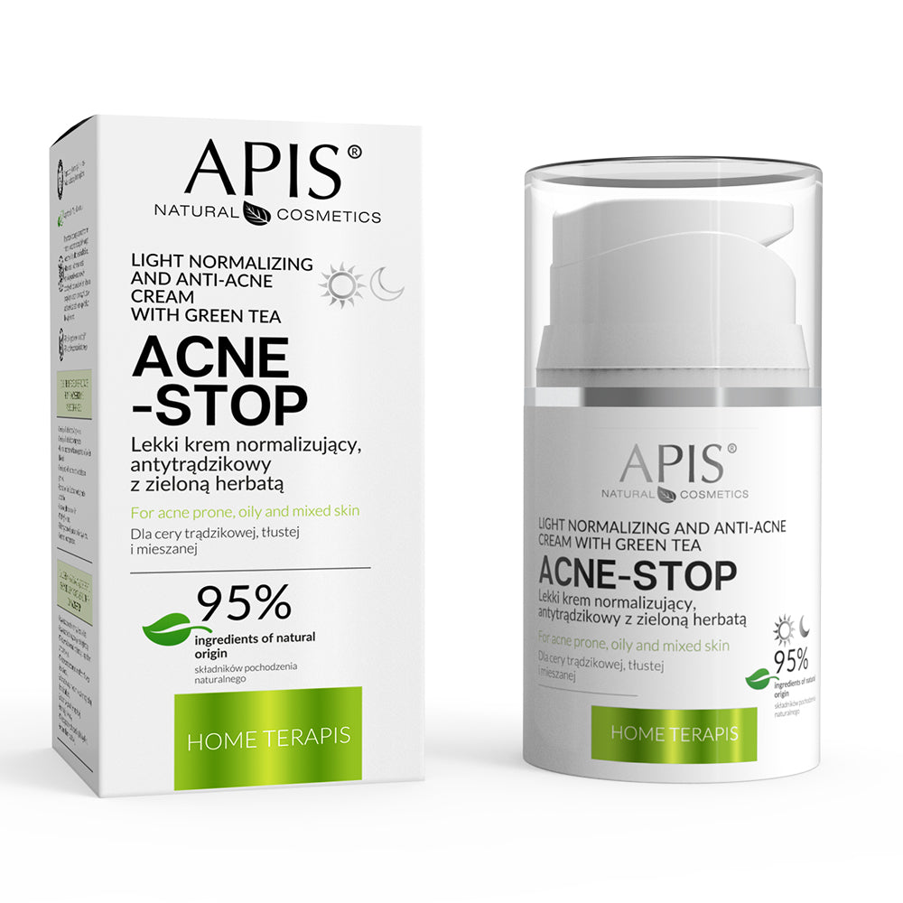 Packaging and container of Apis Natural Cosmetics Home terApis Acne-Stop Cream with Green Tea. The product is presented in a white and green box with a matching cream dispenser.