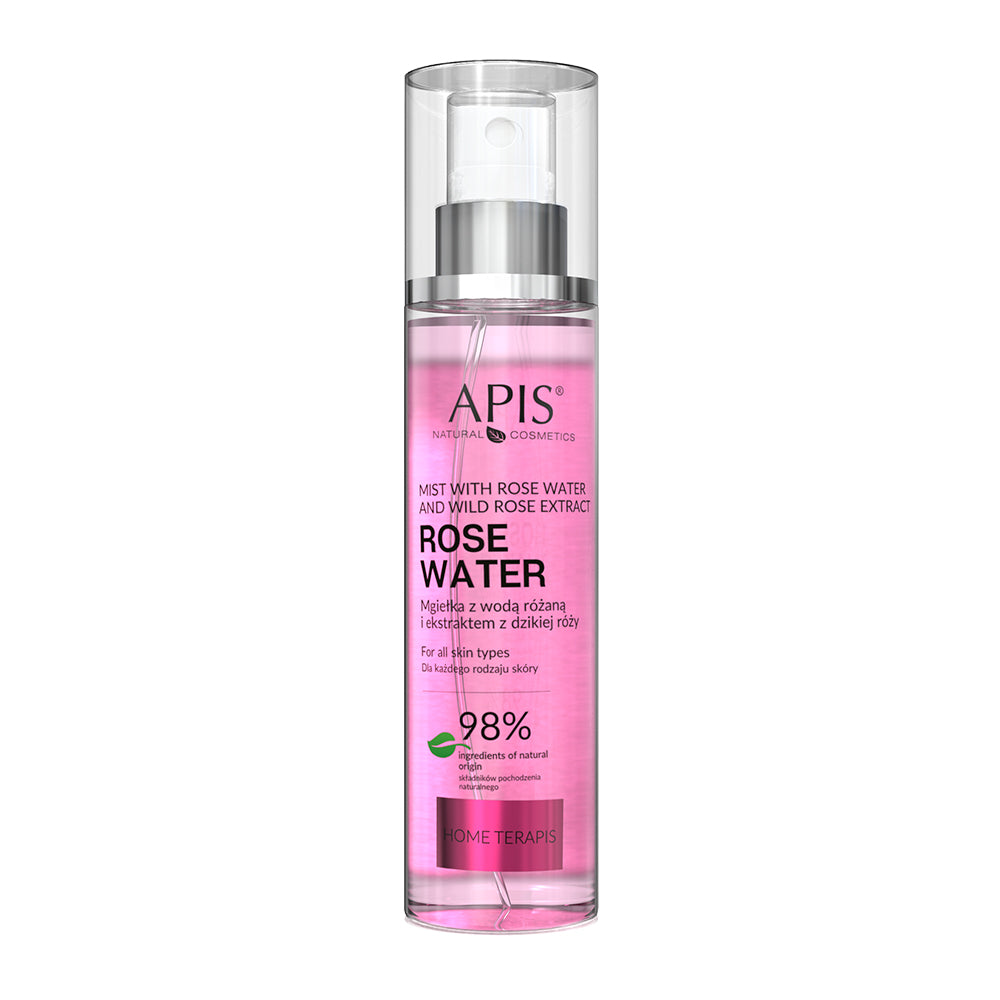 Apis Natural Cosmetics rose water mist bottle on a white background