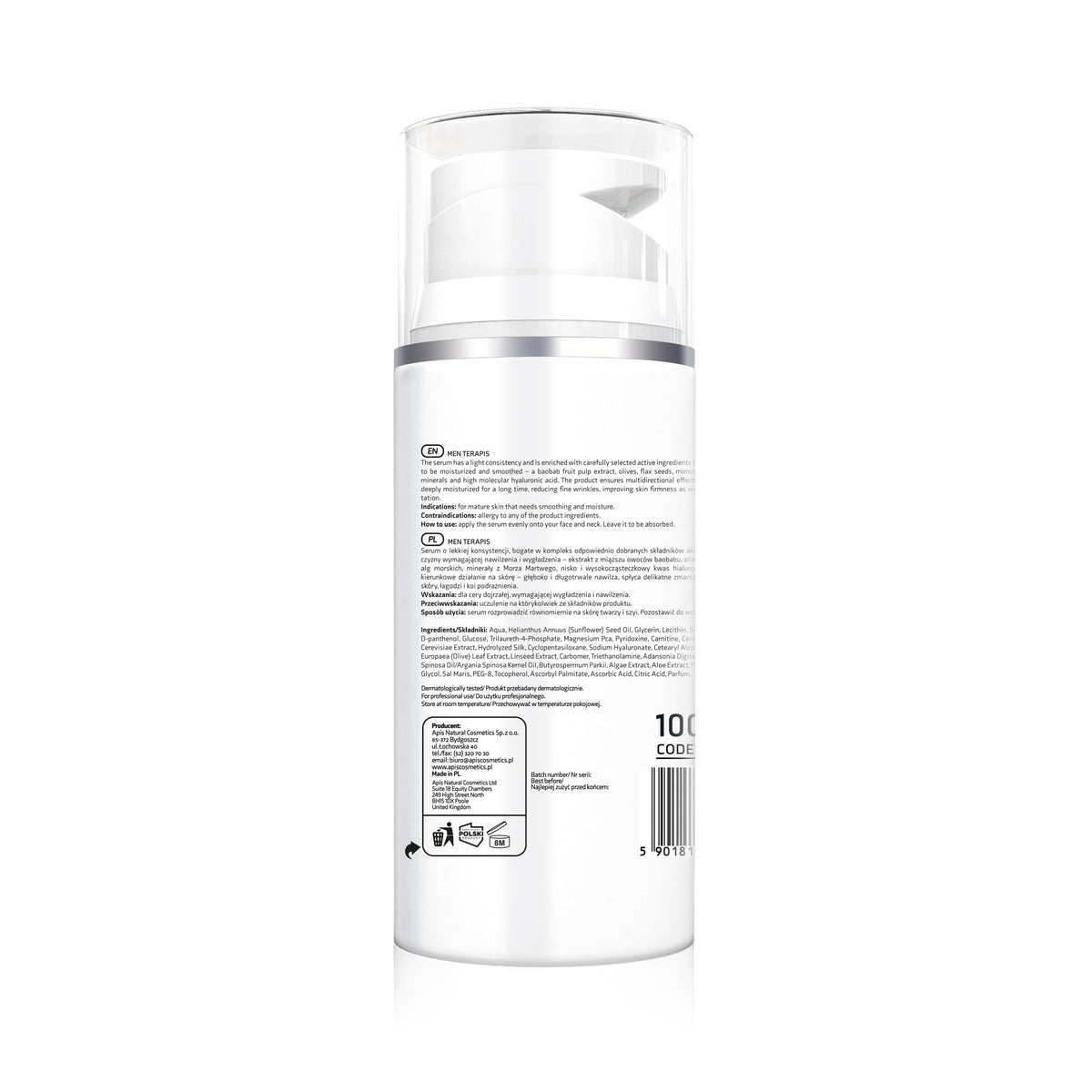 Back view of Apis Men Terapis Moisturising Serum 100ml bottle