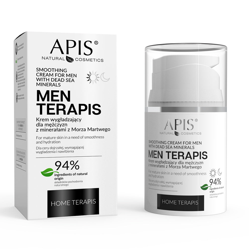 Packaging and container of Apis Natural Cosmetics MEN TERAPIS Smoothing Cream with Dead Sea Minerals. The product is presented in a white jar with a pump dispenser, alongside a product box with matching design.