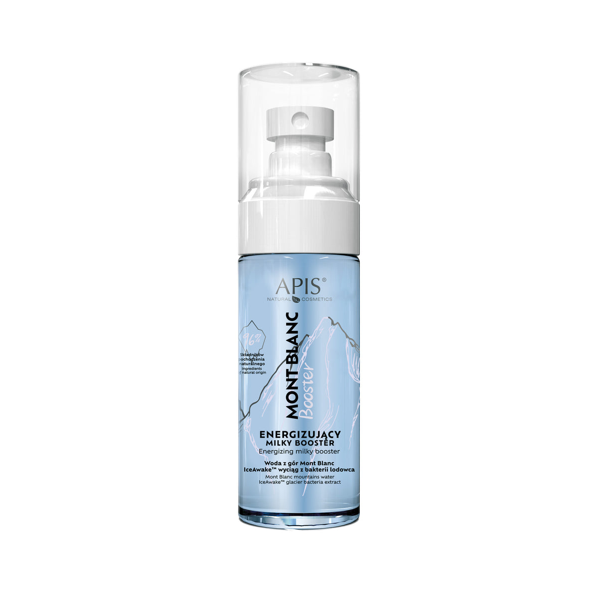 Skincare bottle with blue label on a white background
