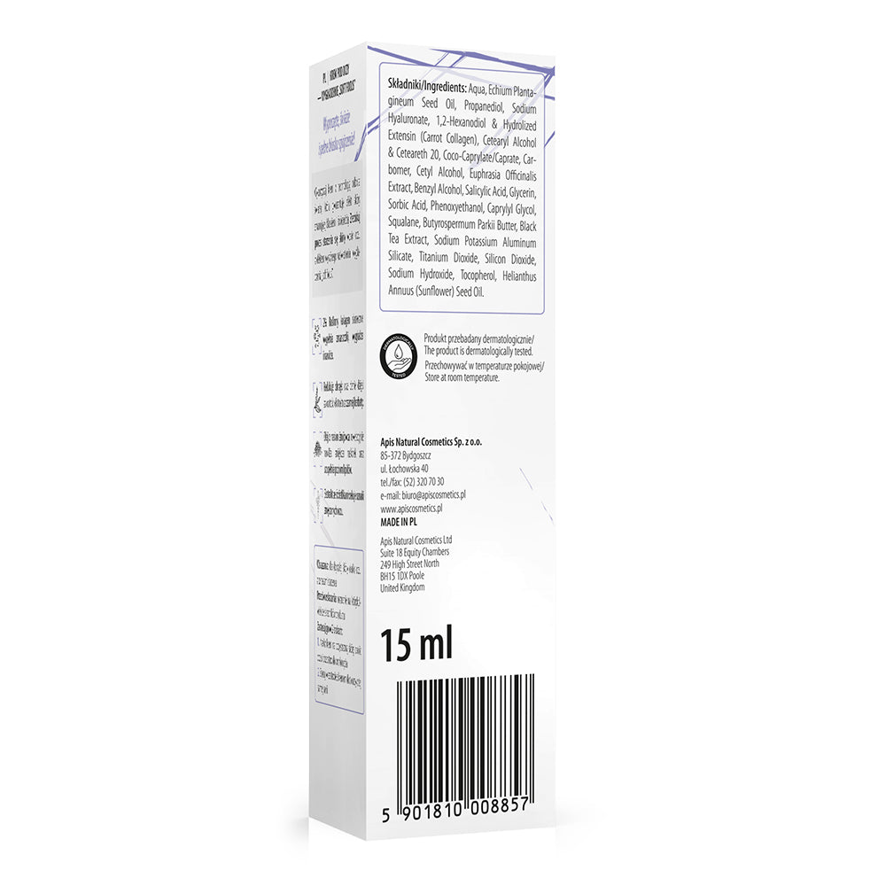 Back view of a small container with text and a barcode on a white background