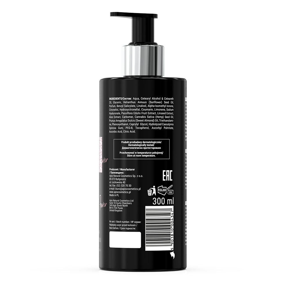 Black bottle with pump and label on a white background
