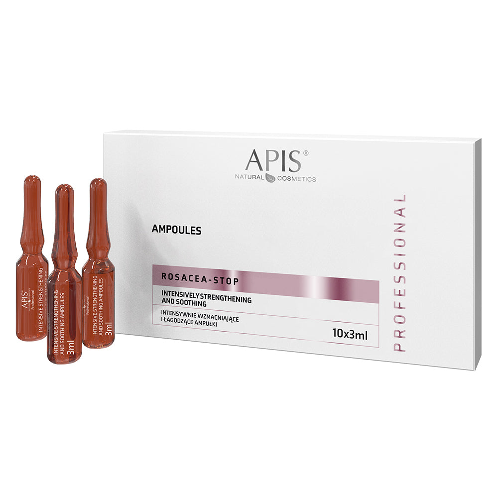 Apis Natural Cosmetics Ampoules packaging with four brown ampoules on a white background