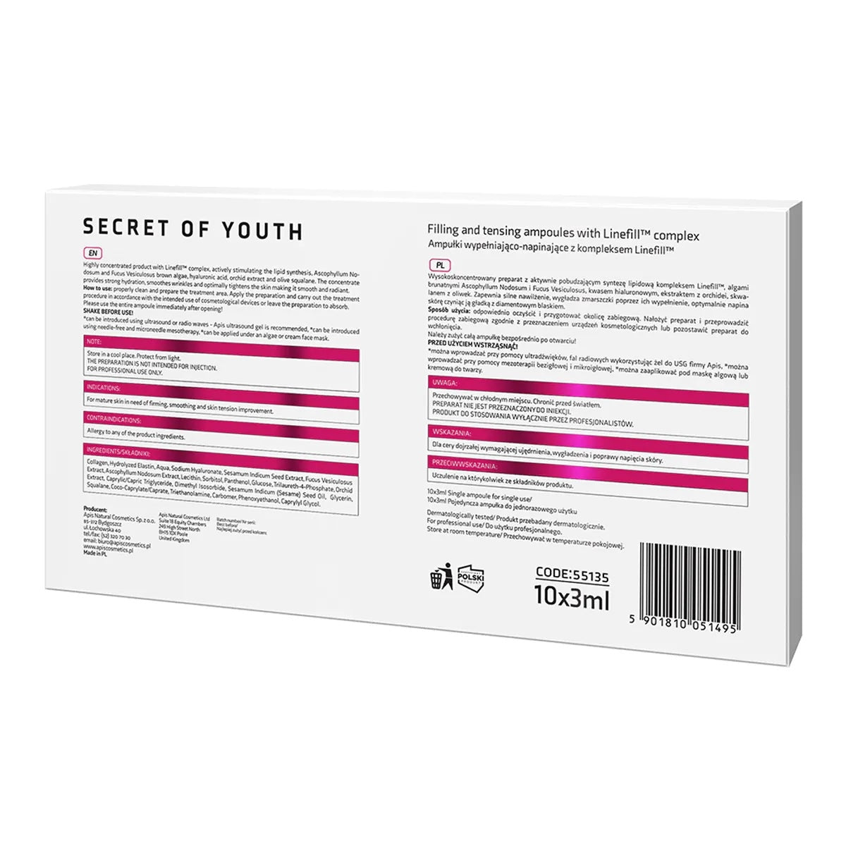 Back view of Apis Secret of Youth Ampoules 10 x 3ml packaging