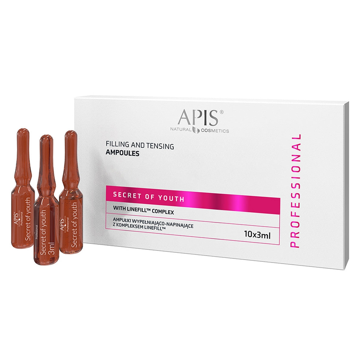 A box of APIS Secret of Youth Filling and Tensing Ampoules with Linefill Complex alongside three small glass ampoules. The packaging is predominantly white with pink and black text and accents.