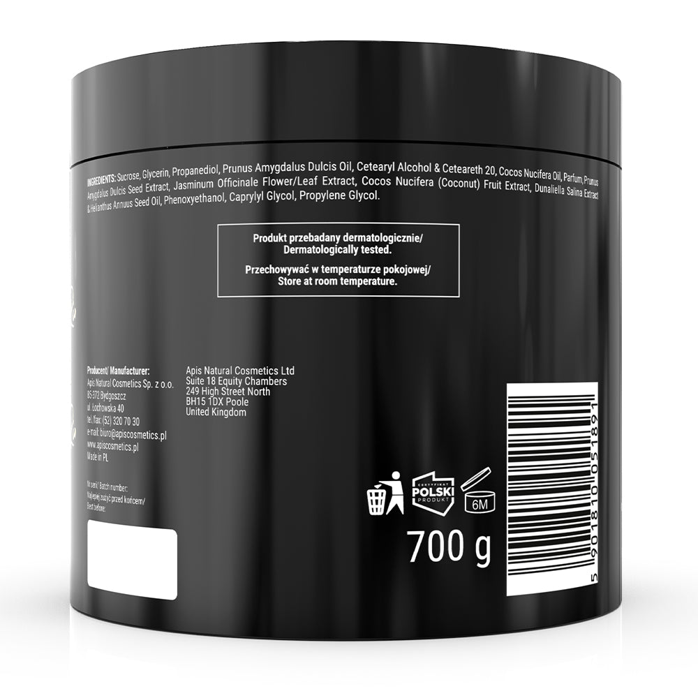 Black container with text and a barcode on a white background