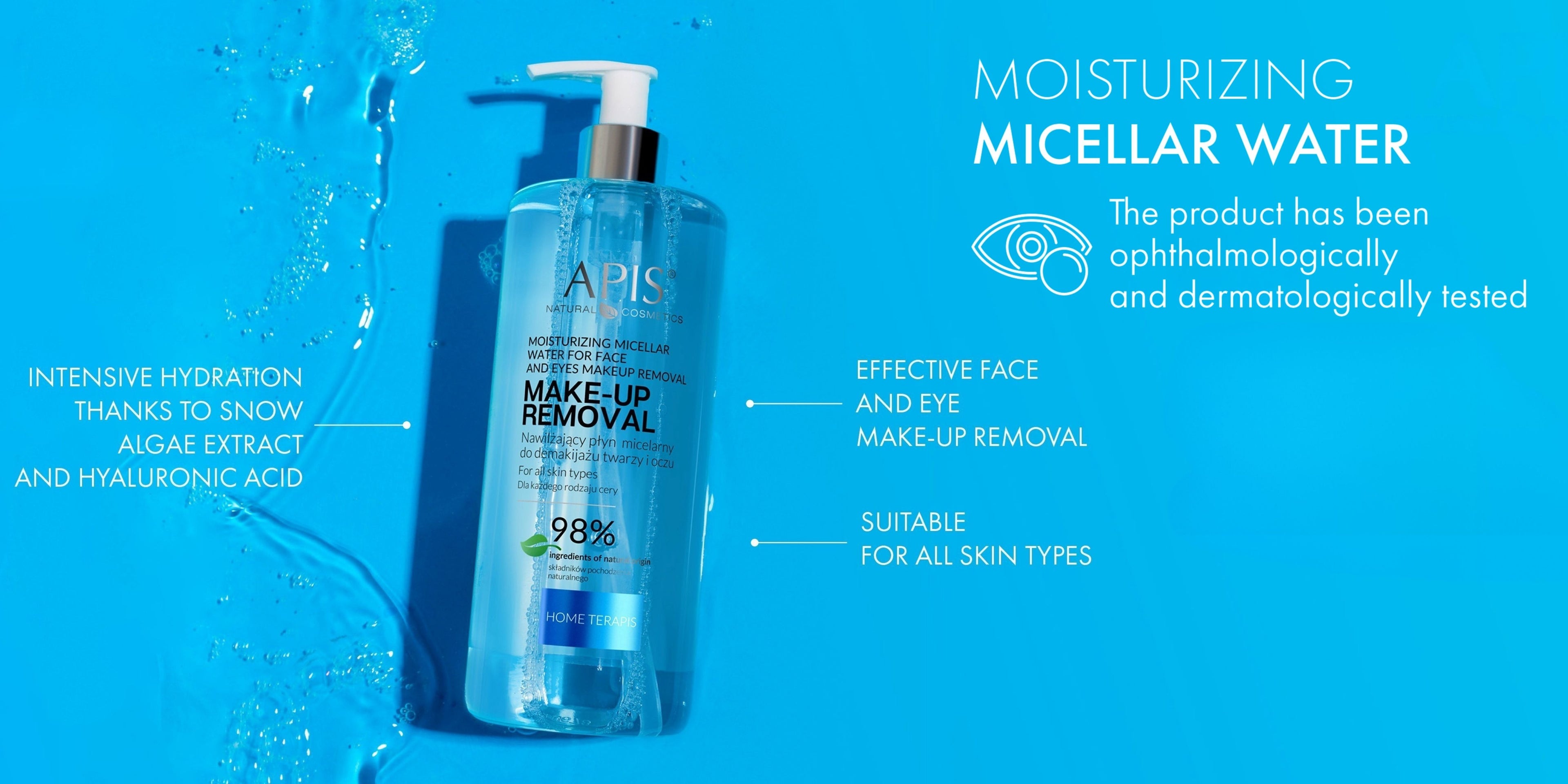 APIS micellar water bottle with product details on a blue background