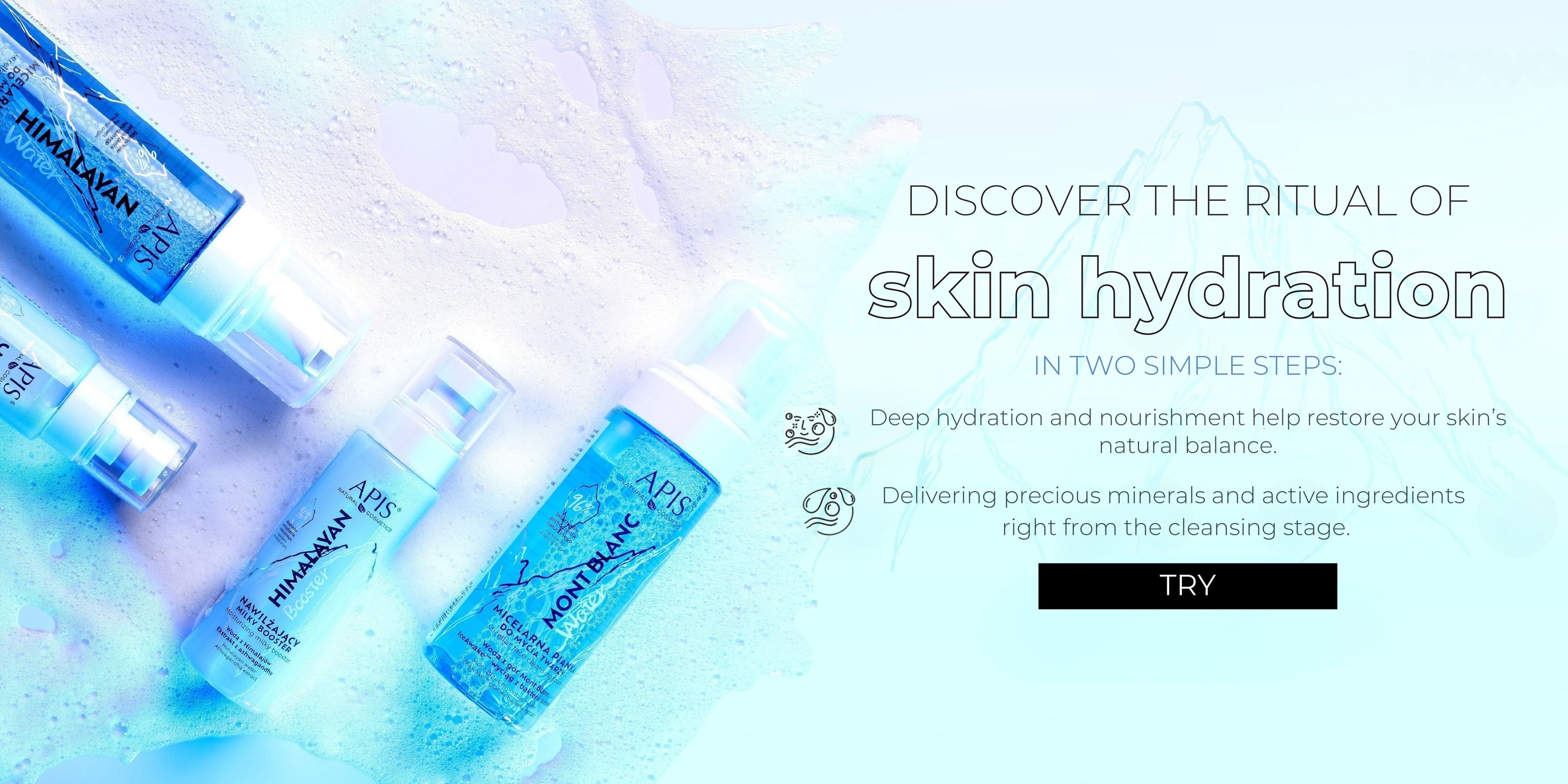 Cosmetic products with text on a light blue gradient background