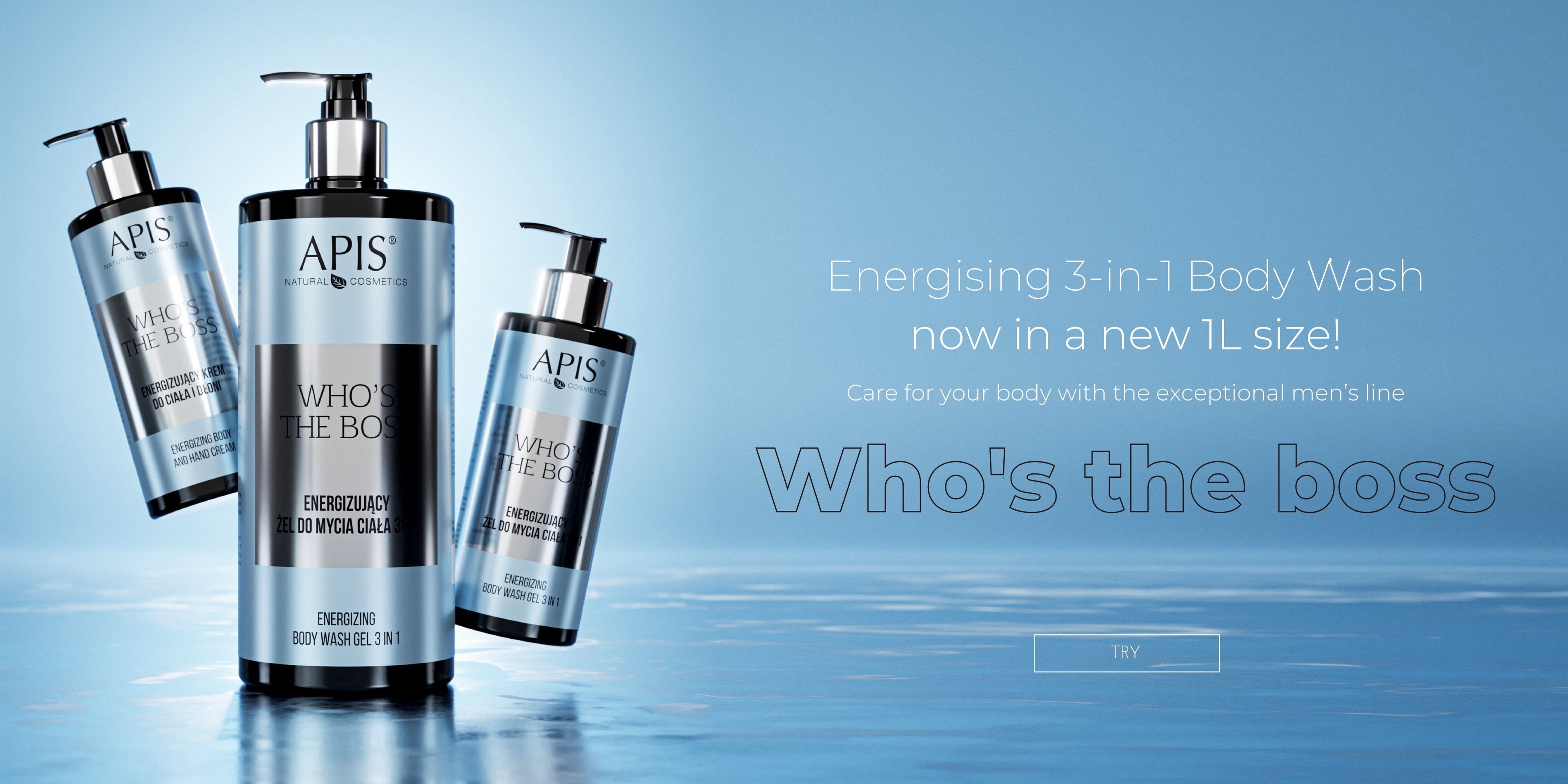 Three bottles of APIS body wash on a blue gradient background with promotional text.