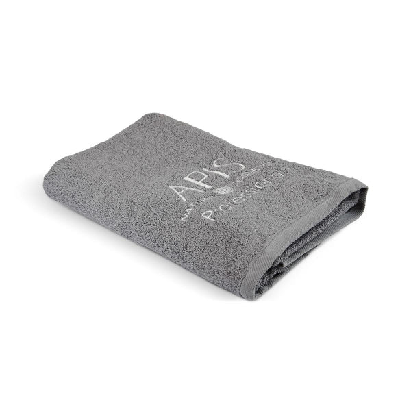 Folded gray towel with &