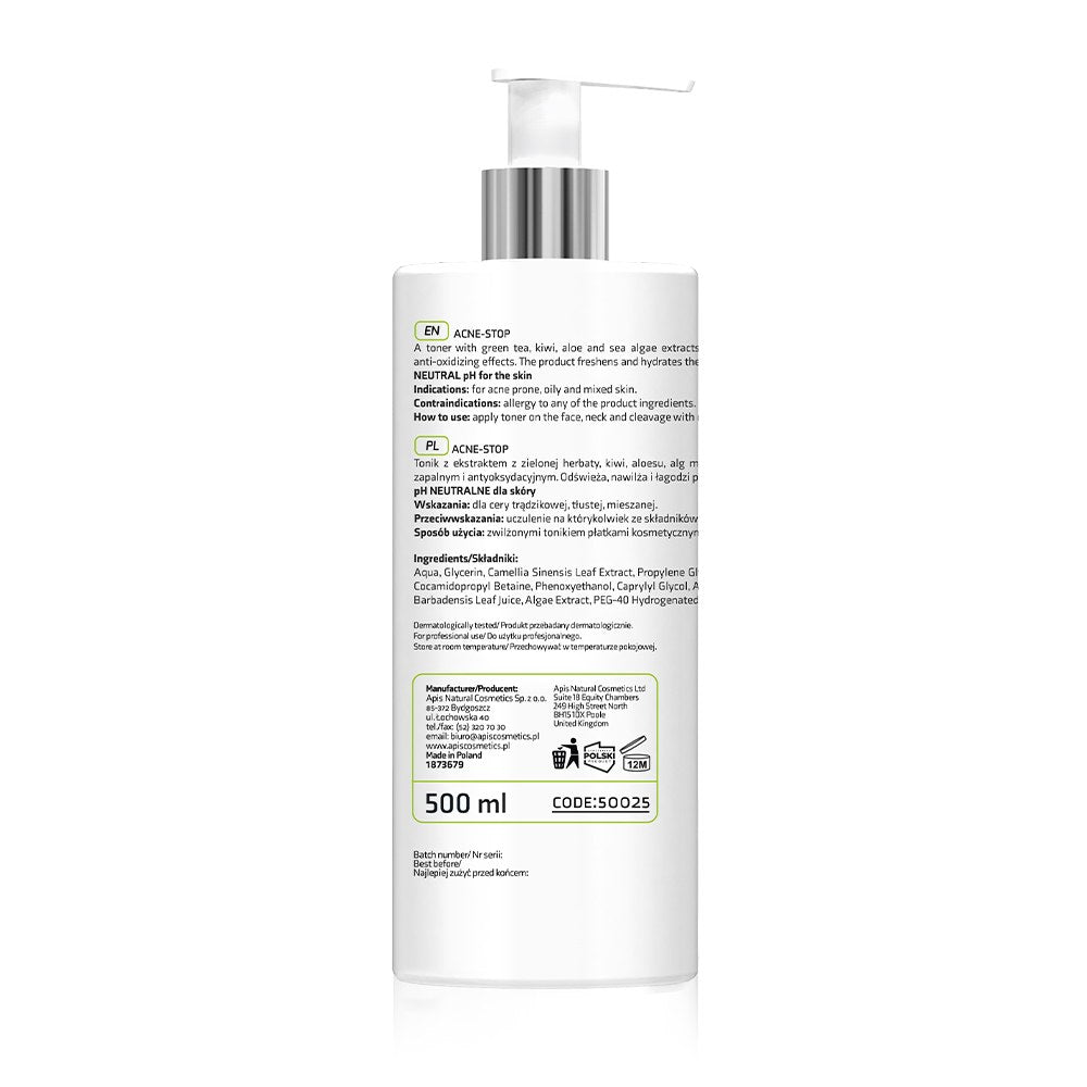 Back view of Apis ACNE-STOP antibacterial cleansing toner with green tea 500 ml