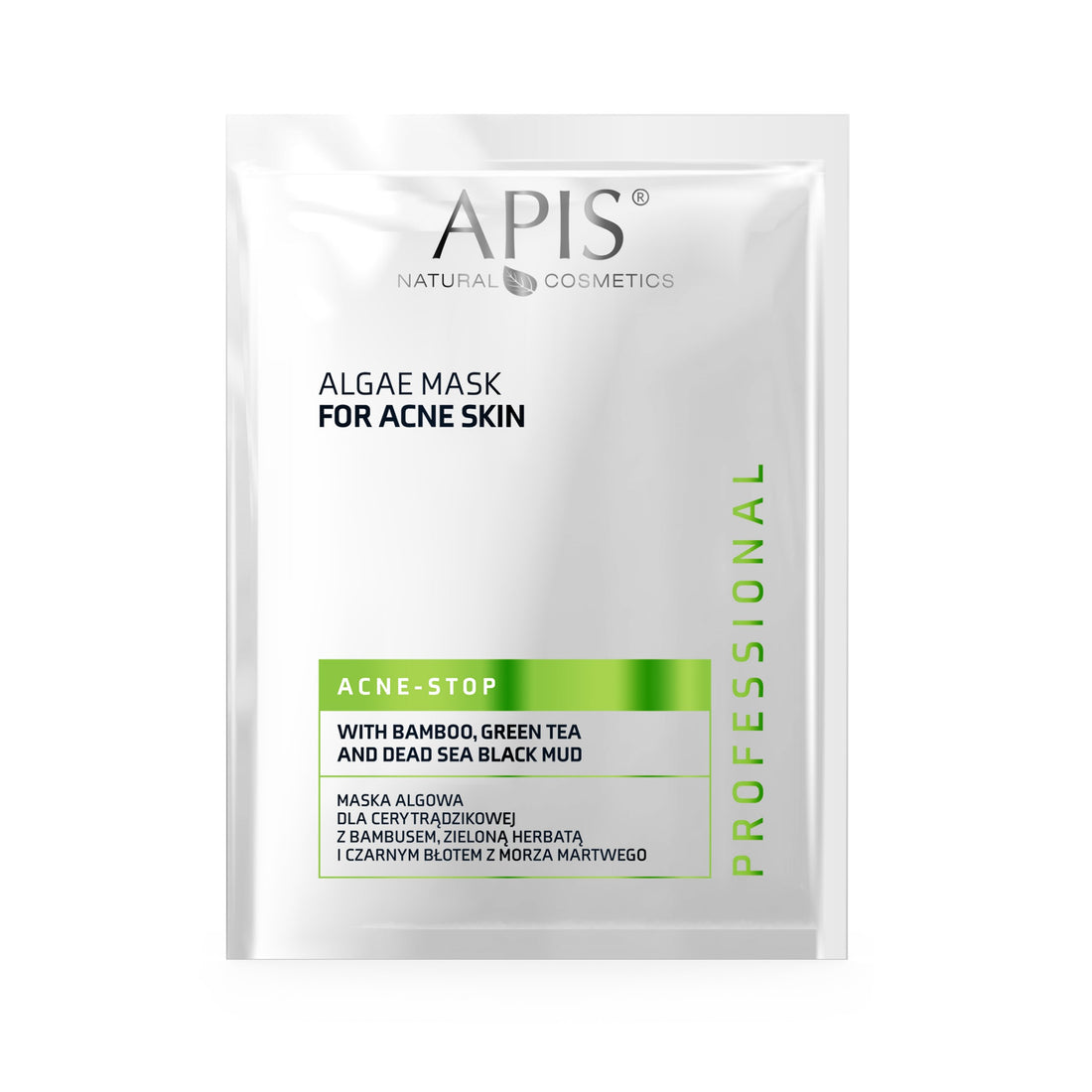 Apis Natural Cosmetics algae mask for acne skin packaging on a white background