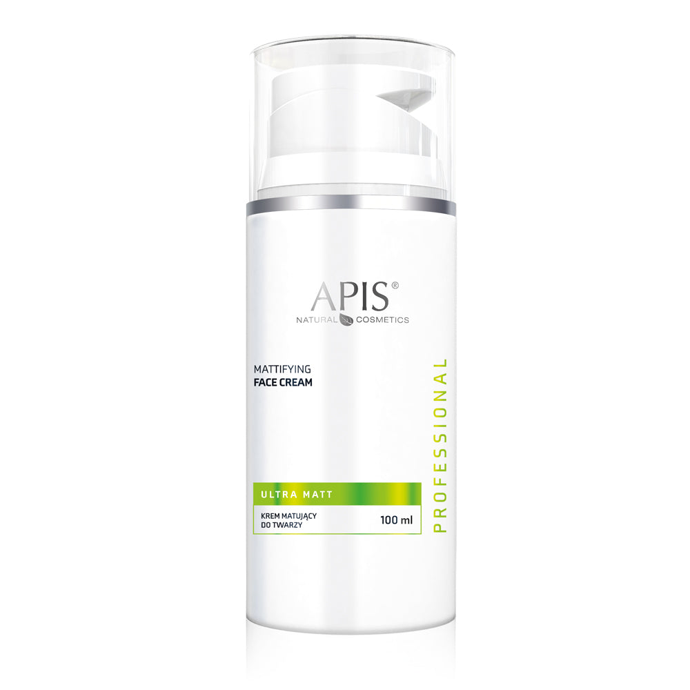 A pump bottle of Apis Natural Cosmetics ACNE-STOP Mattifying Face Cream, 100ml.