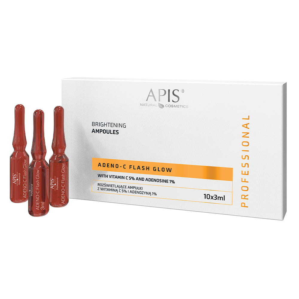 Apis Natural Cosmetics Adeno-C Flash Glow ampoules and packaging on a white background