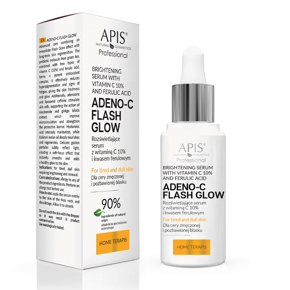 Apis Natural Cosmetics Adeno-C Flash Glow skincare serum with packaging on a white background