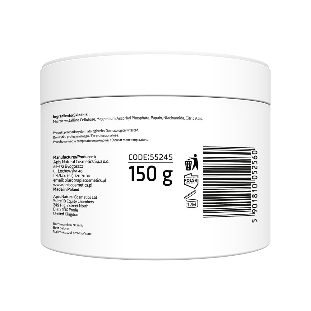 Back view of a white jar with text and a barcode on a white background