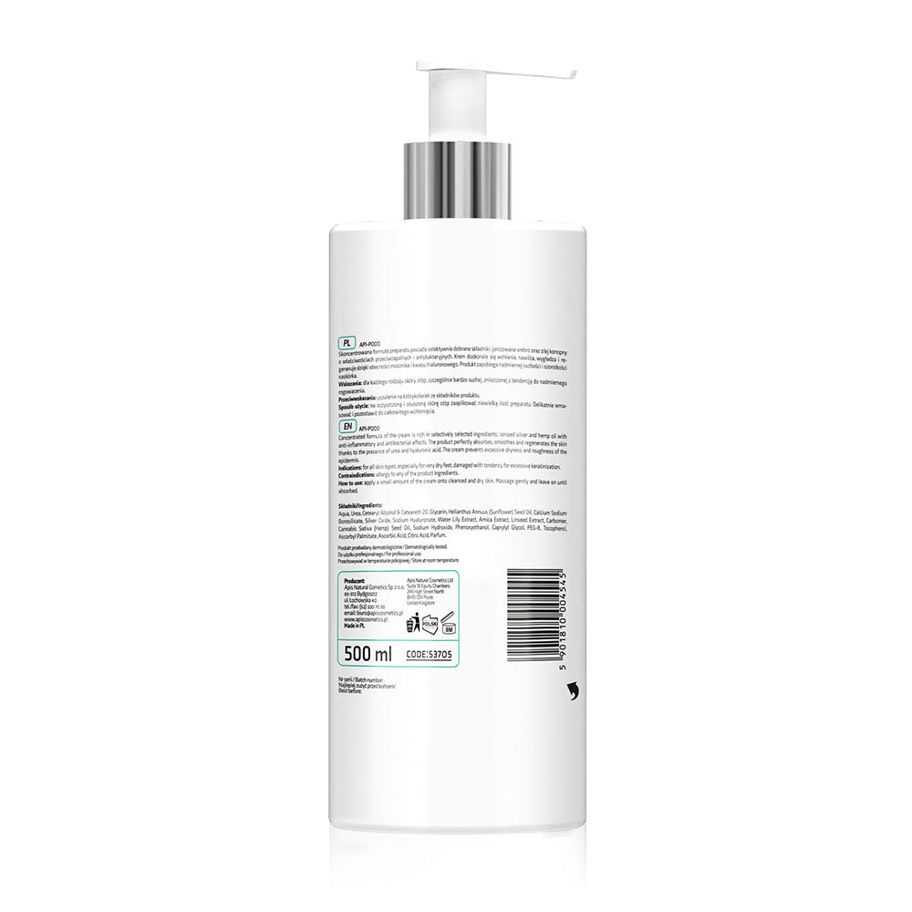 Apis APIS API-PODO Regenerating &amp; Moisturising Foot Cream with 20% Urea and Ionised Silver – Intensive hydration for dry, rough feet | 500ml