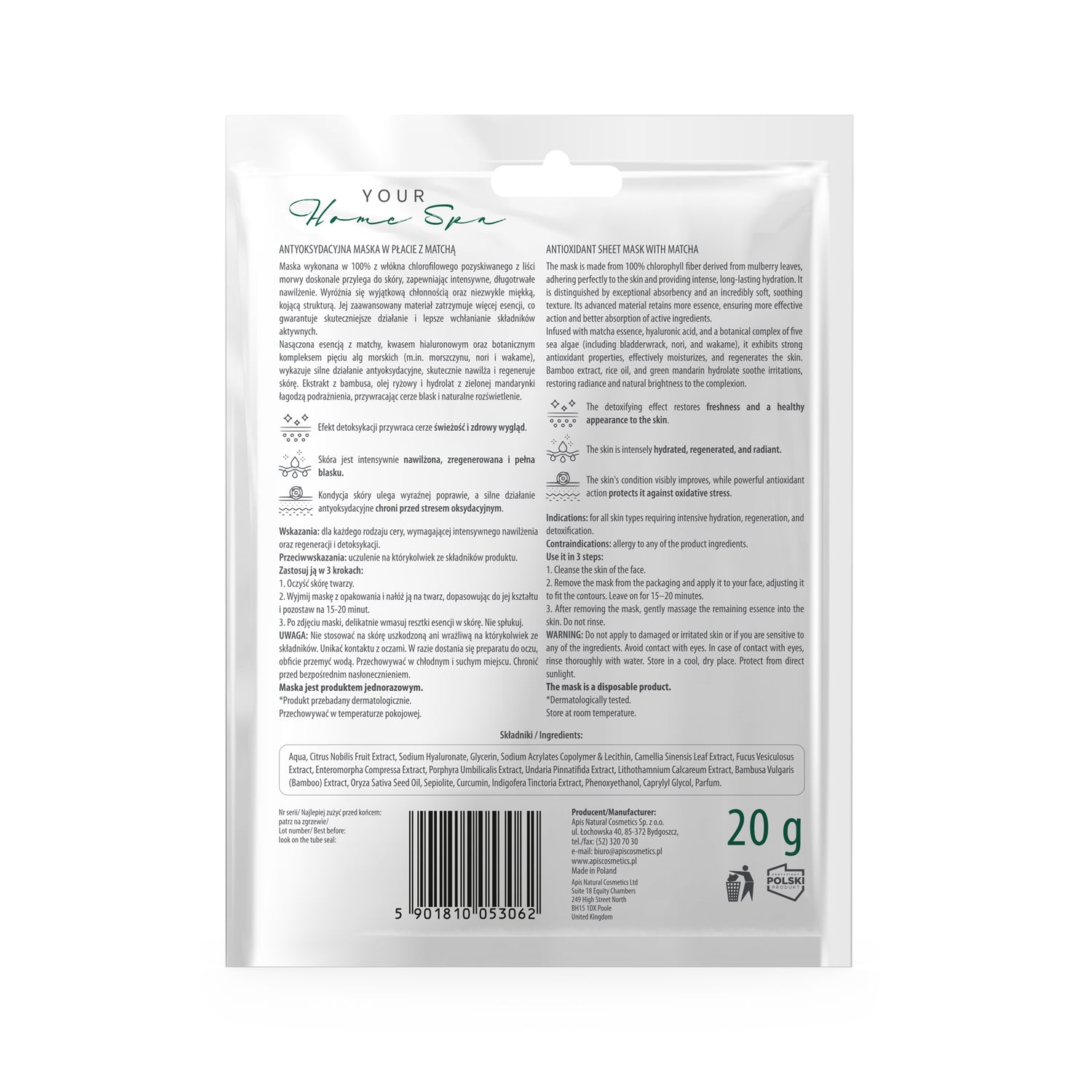 Back view of Apis Antioxidant Sheet Mask with Matcha 20g