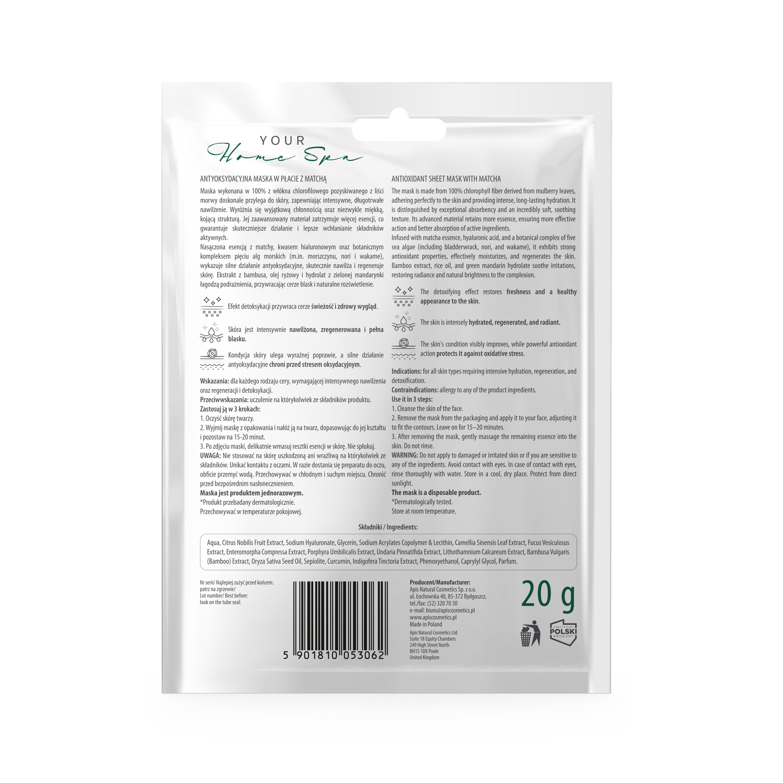 Back view of Apis Antioxidant Sheet Mask with Matcha 20g