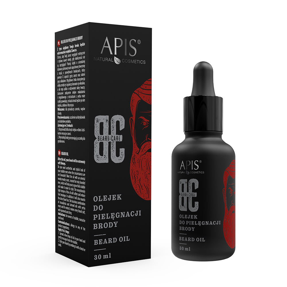  apis beard care oil bottle and packaging on a white background