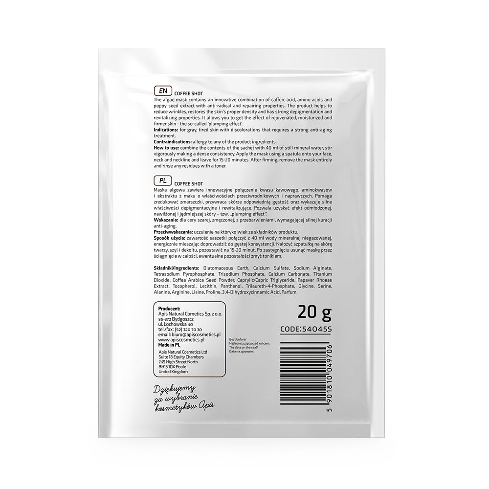 Apis COFFEE SHOT Bio-revitalising Algae Mask with Coffee Acid &amp; Arabica Beans | 20g