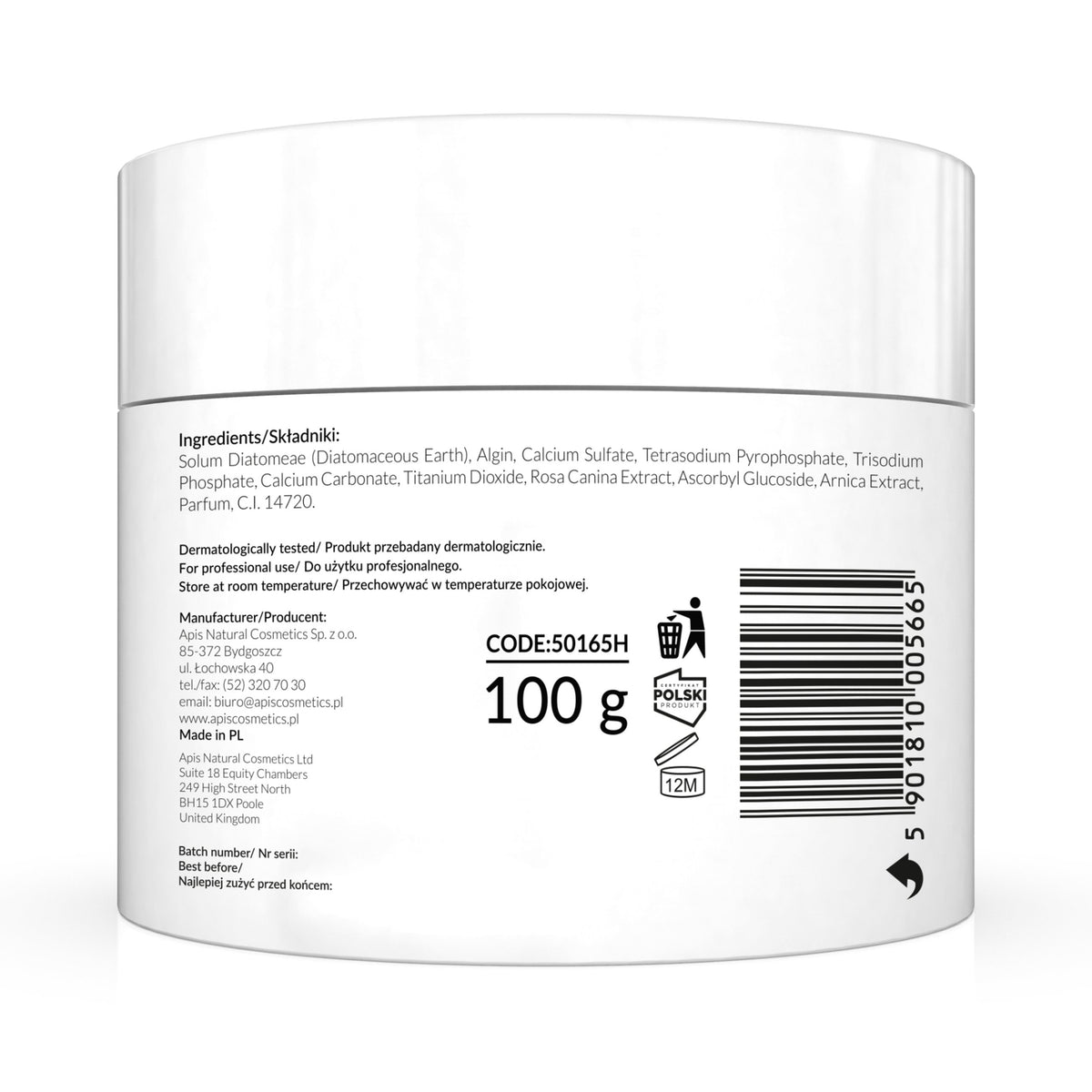 Back of a white jar with text and a barcode on a white background