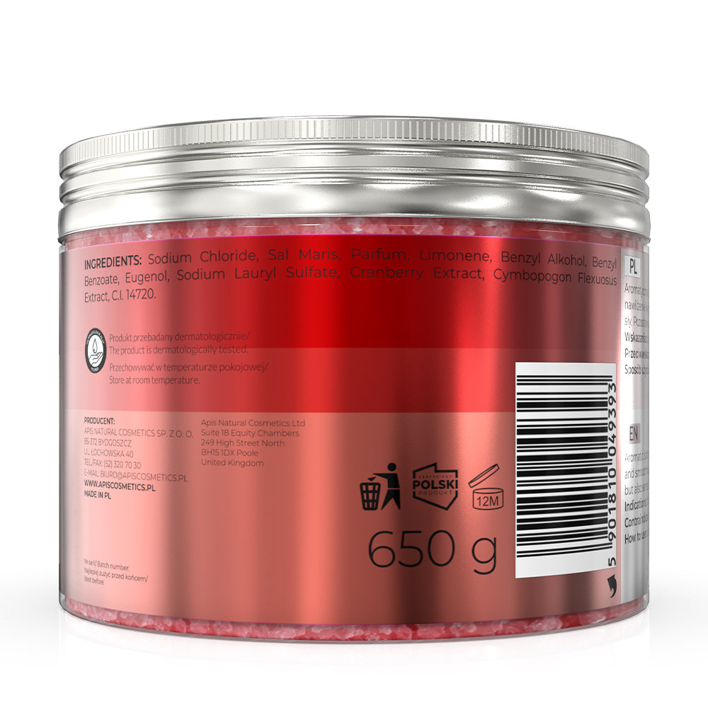 Back view of Apis Cranberry Vitality Bath Salt 650g container