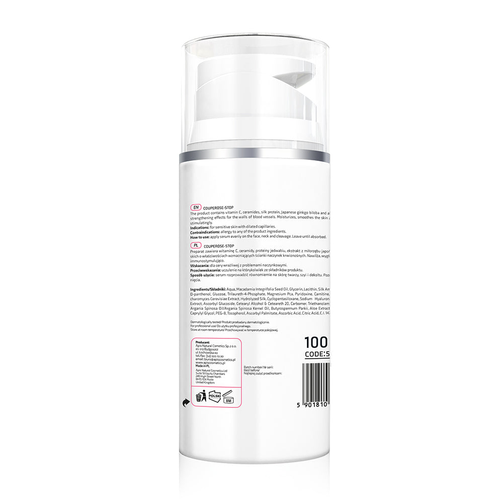 Back view of a skincare product bottle with text and labels on a white background