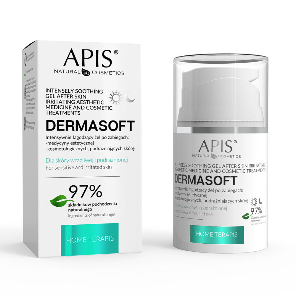 Packaging of APIS DERMASOFT Intensive Soothing Gel, showing the box and the bottle with the gel. The packaging is predominantly white with green and red text and accents.