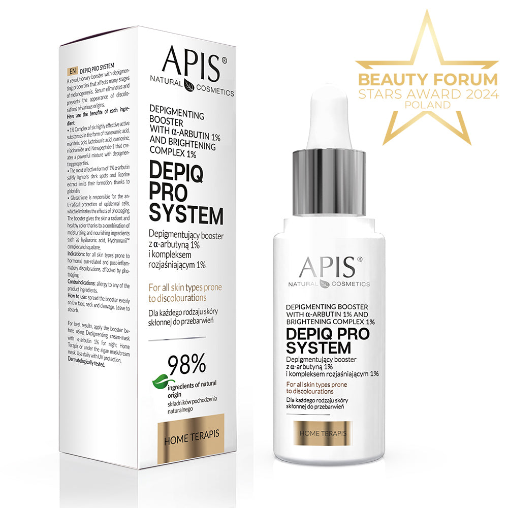 Apis Natural Cosmetics skincare product with packaging and award on a white background