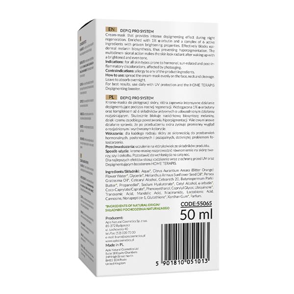 Back view of Apis Depiq Pro Depigmenting Night Cream-Mask 50ml packaging