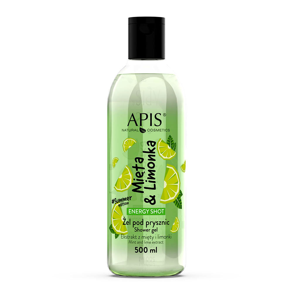 Bottle of Apis Natural Cosmetics shower gel with lime design on a white background